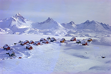 Aerial view over Angmagssalik, Greenland, Polar Regions