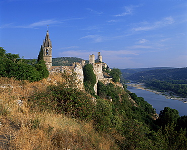 Church and castle overlooking the Ardeche River, Aigueze, Gard, Languedoc Roussillon, France, Europe