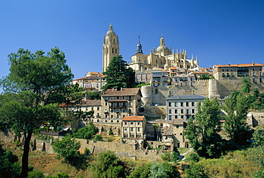 Houses and the cathedral from the south of the city of Segovia, Castilla Y Leon, Spain 