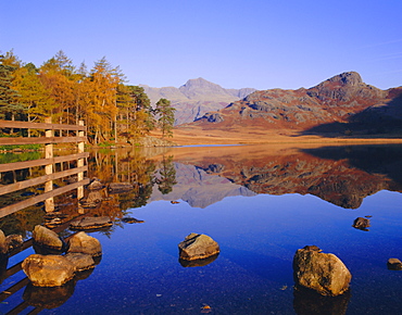 View across Blea Tarn to Langdale Pikes, Lake District, Cumbria, England, UK Autumn 