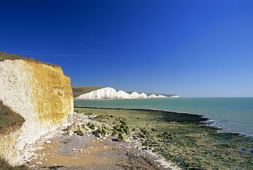 View to the Seven Sisters from beach below Seaford Head, East Sussex, England, United Kingdom, Europe