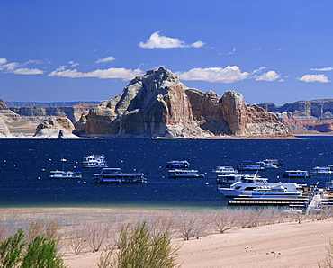 Boats used for recreation moored in Wahweap Marina on Lake Powell in Arizona, United States of America, North America