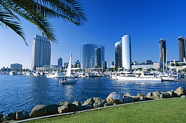 Yacht in front of waterfront skyline seen across the harbour from Embarcadero Marina Park, San Diego, California, United States of America (U.S.A.), North America