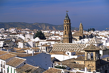 View of city from castle walls, with church of San Sebastian on skyline, Antequera, Malaga, Andalucia, Spain, europe