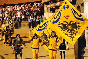 The Palio, standard bearers of the Aquila (Eagle) contrada, Siena, Tuscany, Italy, Europe