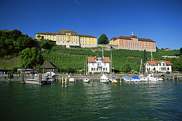 Richly decorated buildings above the harbour on Lake Constance, Meersburg, Baden-Wurttemberg, Germany, Europe