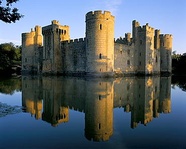 Bodiam castle reflected in moat, Bodiam, East Sussex, England, United Kingdom, Europe