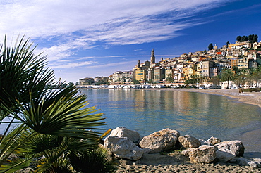 View across bay to the old town, Menton, Alpes-Maritimes, Cote d'Azur, Provence, French Riviera, France, Mediterranean, Europe