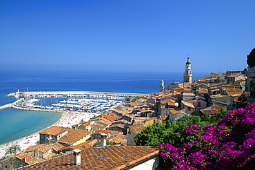 View across old town rooftops to harbour, Menton, Alpes-Maritimes, Cote d'Azur, Provence, French Riviera, France, Mediterranean, Europe