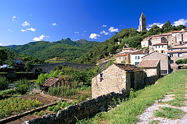 View to village on hillside above the Jaur river, Olargues, Herault, Languedoc-Roussillon, France, Europe