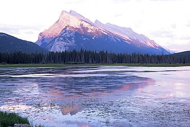 View across Vermilion Lakes to Mount Rundle, at sunset, Banff National Park, UNESCO World Heritage Site, Alberta, Canada, North America