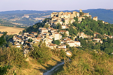 View to village from hillside path, Cordes-sur-Ciel, Tarn, Midi-Pyrenees, France, Europe