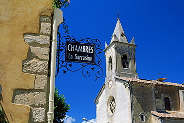 Church tower and sign, Villes-sur-Auzon, Vaucluse, Cote d'Azur, Provence, France, Europe