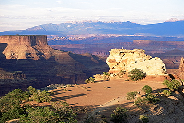 Island in the Sky, clifftop plateau below Shafer Canyon Overlook at sunset, Canyonlands National Park, Utah, United States of America, North America