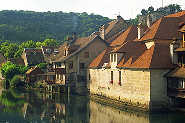 Houses along the Loue River, Ornans, Jura, Franche-Comte, France, Europe