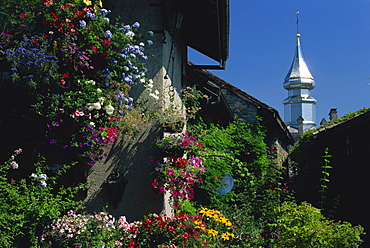 Flower filled garden of village house with sparkling church spire beyond, Yvoire, Haute-Savoie, Rhone-Alpes, France, Europe