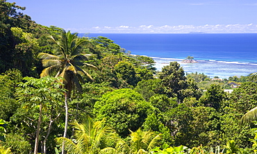 View over coast from the Jardin du Roi spice garden above Anse Royale, Anse Royale district, Island of Mahe, Seychelles, Indian Ocean, Africa