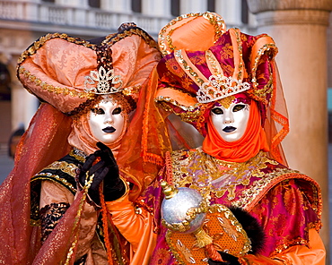 Masked carnival characters in costume, Piazzetta San Marco, San Marco district, Venice, Veneto, Italy, Europe