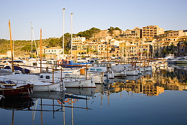 View across the harbour at sunrise, Port de Soller, Mallorca, Balearic Islands, Spain, Mediterranean, Europe