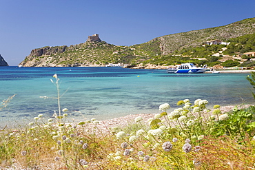 View across bay to the castle, Cabrera Island, Cabrera Archipelago National Park, Mallorca, Balearic Islands, Spain, Mediterranean, Europe