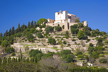 View to the hilltop Sanctuary of Sant Salvador, Arta, Mallorca, Balearic Islands, Spain, Europe