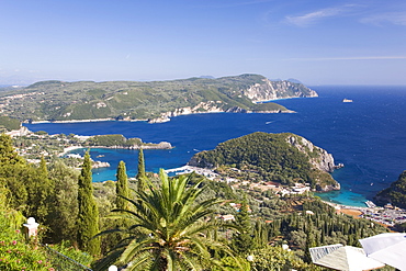 View over Liapades Bay from hilltop viewpoint near Lakones, Paleokastritsa, Corfu, Ionian Islands, Greek Islands, Greece, Europe