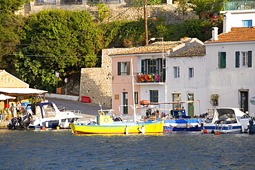 View across the colourful harbour, Loggos, Paxos, Paxi, Corfu, Ionian Islands, Greek Islands, Greece, Europe