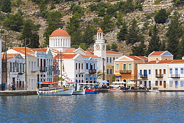 Waterfront houses and church, Kastellorizo (Kastelorizo, Megisti, Meis), Rhodes, Dodecanese Islands, South Aegean, Greece, Europe