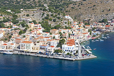 View over the picturesque waterfront, Gialos (Yialos), Symi (Simi), Rhodes, Dodecanese Islands, South Aegean, Greece, Europe