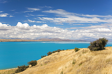 View across the turquoise waters of Lake Pukaki, near Twizel, Mackenzie district, Canterbury, South Island, New Zealand, Pacific