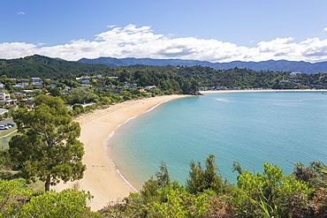 View from hillside over the sandy beach at Little Kaiteriteri, Kaiteriteri, Tasman, South Island, New Zealand, Pacific