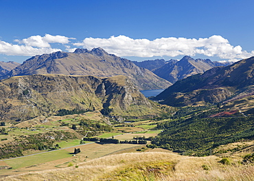 View towards Lake Wakatipu from the Coronet Peak road, Queenstown, Queenstown-Lakes district, Otago, South Island, New Zealand, Pacific