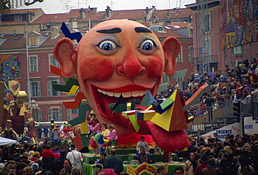 Mardi Gras carnival float passing through Place Massena, Nice, Provence, France, Europe