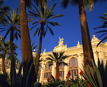 The Casino framed by flowers and palm trees in Monte Carlo, Monaco, Europe