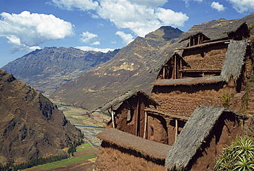 Community food storehouses at an Inca site in the Urubamba Valley, Pisac, Peru, South America