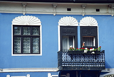 Blue and white house with balcony at Szentendre, Hungary, Europe