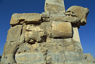 Detail, carving of horse on gateway to Hall of One Hundred columns, Persepolis, UNESCO World Heritage Site, Iran, Middle East