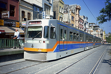 Modern tram in Sultanahmet area of Istanbul, Turkey, Europe