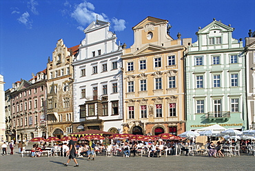 Cafes and gabled buildings on the Old Town Square in Prague, Czech Republic, Europe