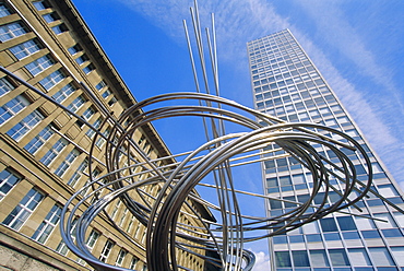 Modern scuplpture below Mannesmann Tower, Dusseldorf, Germany, Europe