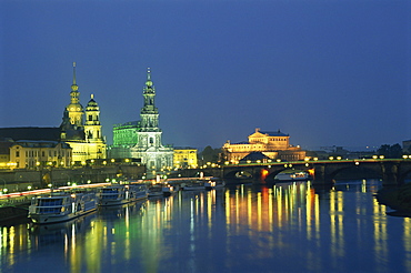 The River Elbe and city skyline at night at Dresden, Saxony, Germany, Europe