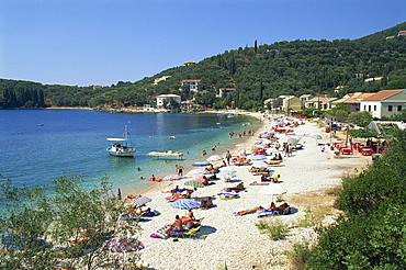 Tourists on Kalami Beach, Corfu, Ionian Islands, Greek Islands, Greece, Europe