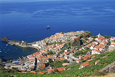 Low aerial view of the coast and the town of Camara de Lobos on the island of Madeira, Portugal, Atlantic, Europe