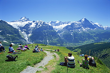 Walkers resting at First and looking to Schreckhorn and Eiger in the Bernese Oberland, Switzerland, Europe