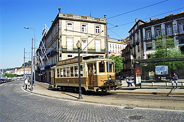 Tram in the old town, Porto (Oporto), Portugal, Europe