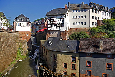 Waterfall on River Leuk in the old town of Saarburg, Saar Valley, Rhineland-Palatinate, Germany, Europe