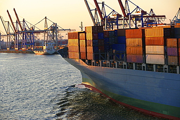 Container vessel in port of Hamburg, Germany, Europe