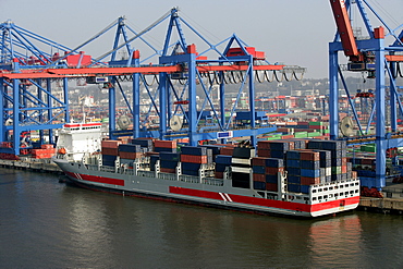 Container ship at container terminal, port of Hamburg, Germany, Europe