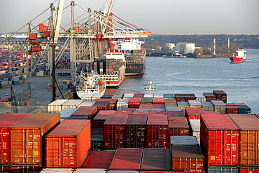 Container ship at container terminal, port of Hamburg, Germany, Europe