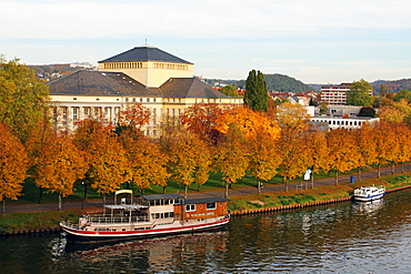 River Saar and Saarland State Theatre, Saarbrucken, Saarland, Germany, Europe